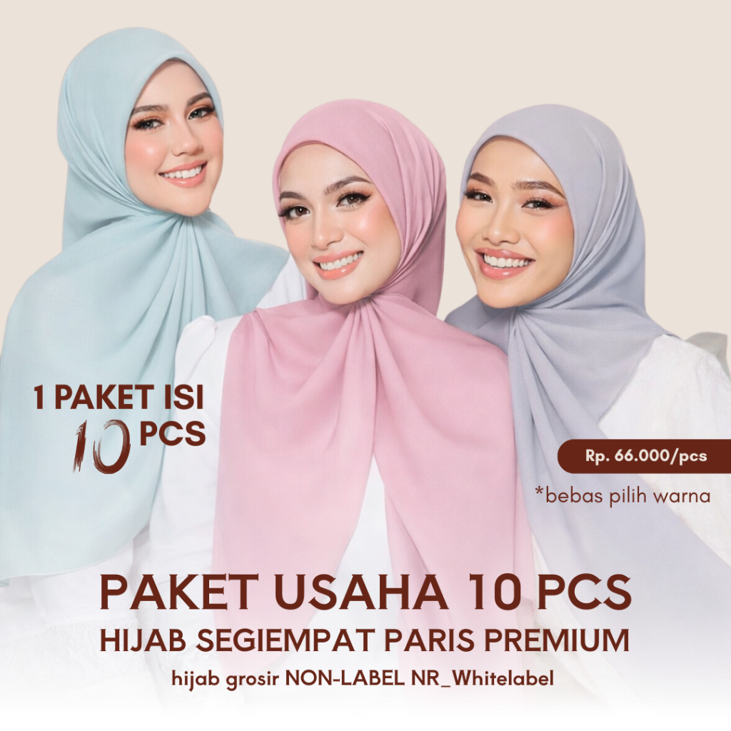 Paket Usaha Grosir Non Label 10 pcs | Hijab Segiempat Paris Premium Finishing Jahit Tepi Ukuran 115x