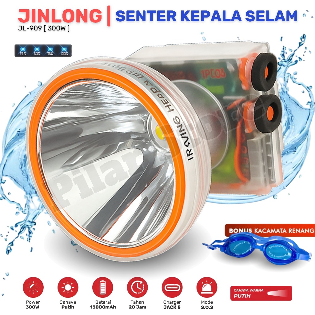 Senter Kepala Selam JINLONG JL-909 - Super Terang Bonus Kacamata Renang + Tripod Senter Kepala Jinlo