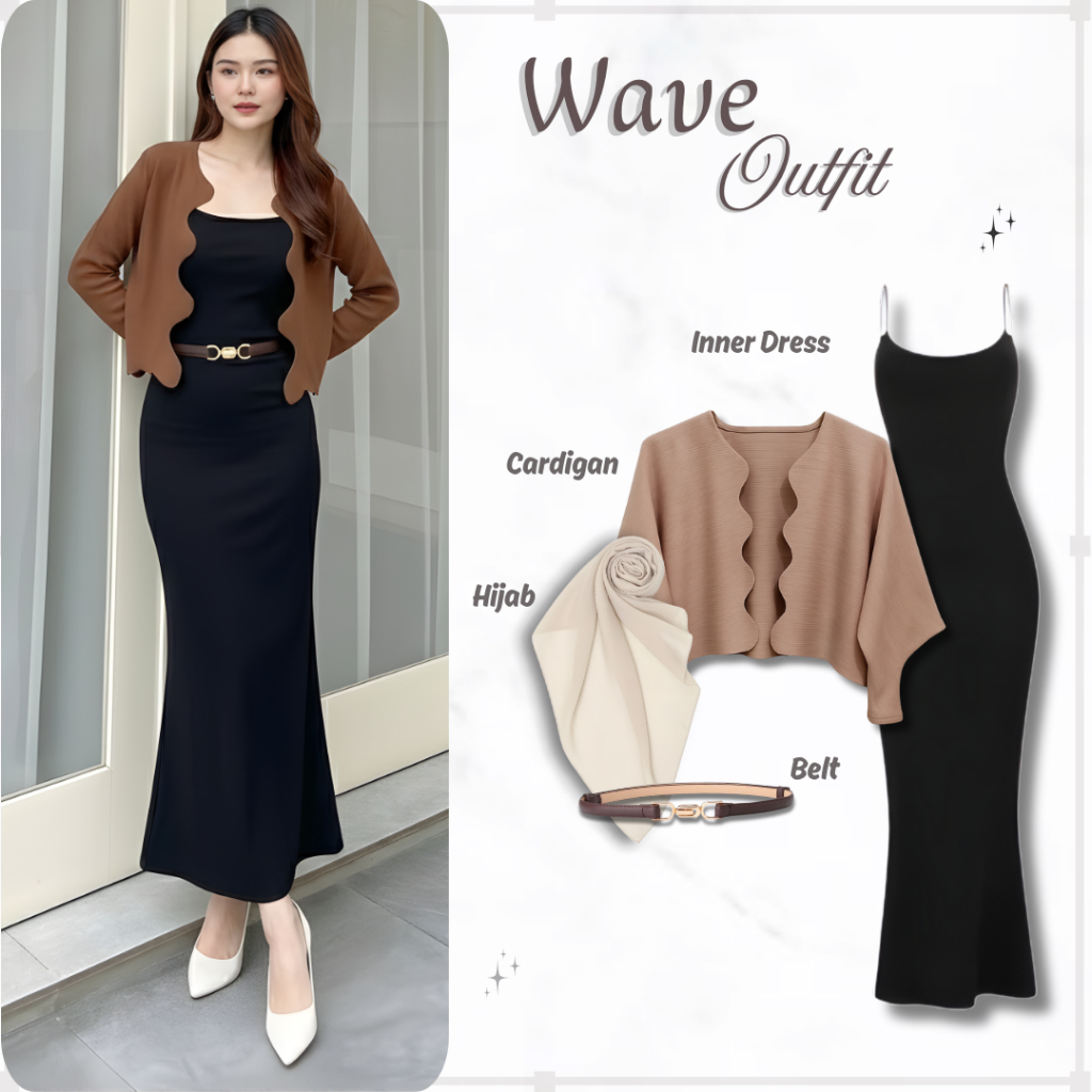 Outfit Wave 4in1 ( Cardigan Mocha + Inner Dress + Belt + Hijab ) One Set Wanita Cardigan Gelombang B