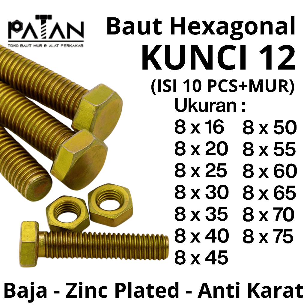 [ISI 10 PCS] Baut dan Mur Besi M8 (Panjang 15-75) Kuning Kunci 12 Drat Pitch 1.25 -Baut siku-Baut