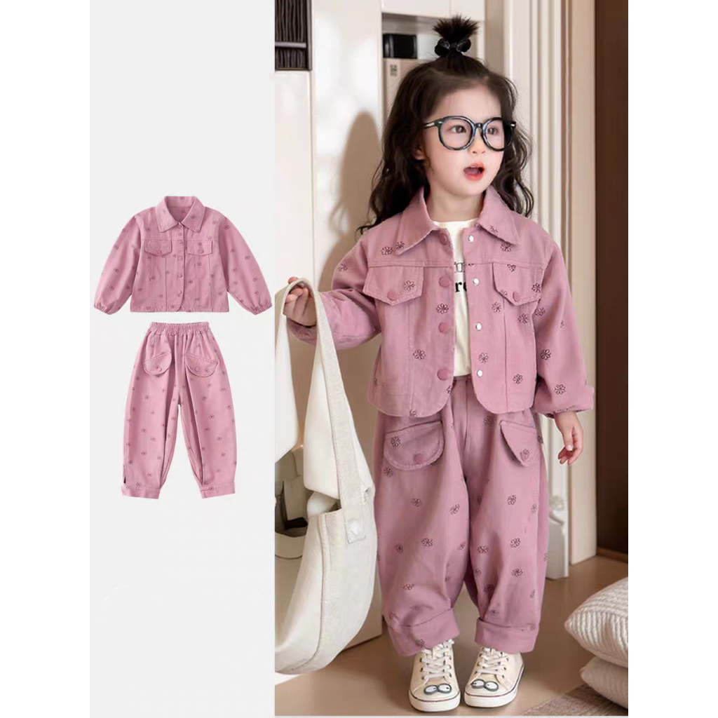 Korea Style Setelan Anak Perempuan One Set Jaket 100% Katun+Celana Panjang Motif Bunga Baju Manis An