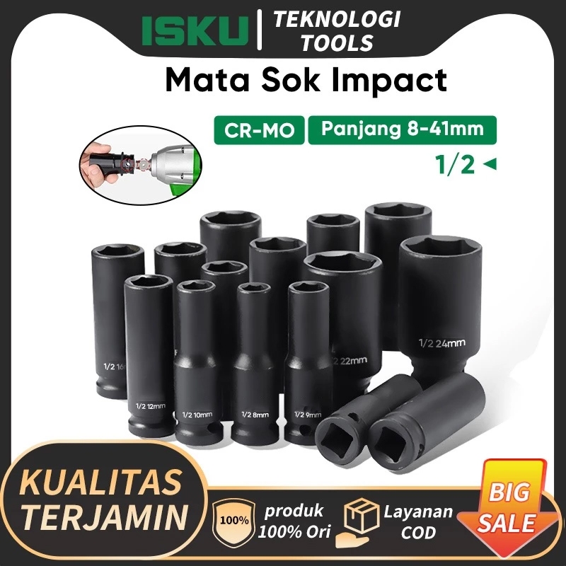 ISKU Mata Sok Pukul 1/2 Inch 6PT Mata Shock Impact Socket Molybdenum Steel Cr-Mo Silver Matt Fully P