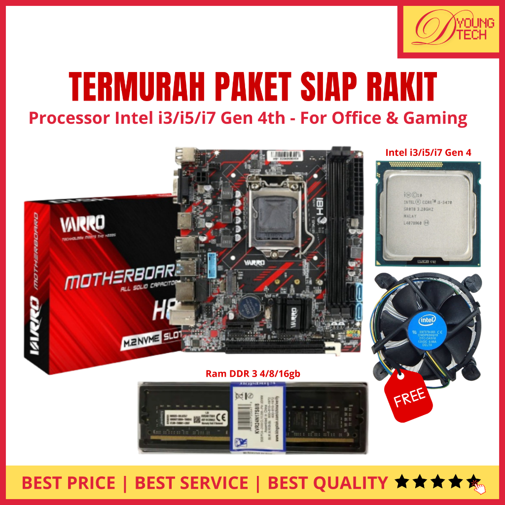 Paket Motherboard Varro H81 LGA 1150 DDR3 Mainboard H81 SUPPORT NVME Gratis Fan Processor Intel Core