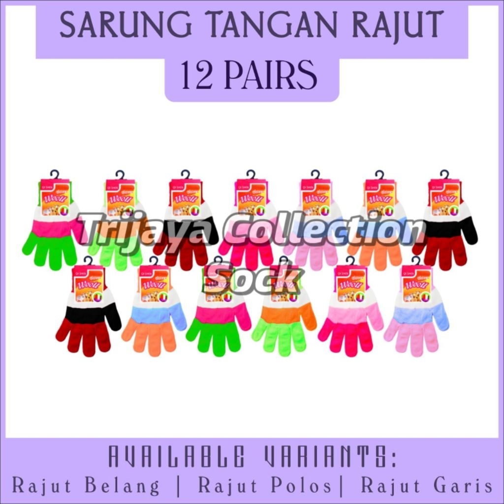 (Grosir) 1 Lusin Sarung Tangan Rajut Warna