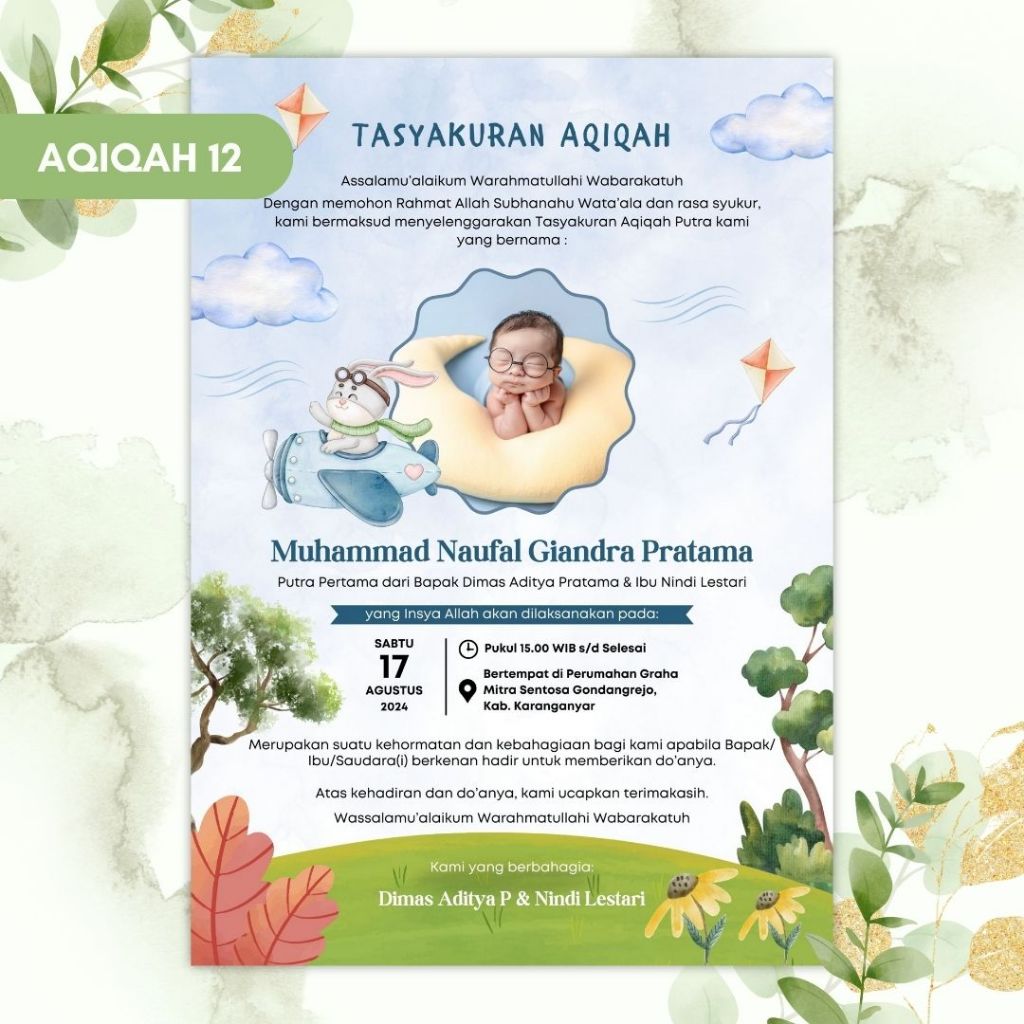 Undangan Digital Aqiqah Code AQ12 Tasyakuran Aqiqah Softfile JPG Tema Bunny Pesawat Awan Biru Pastel