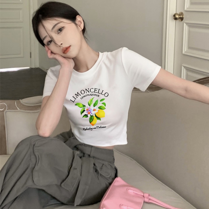 YlKOO - T Shirt Crop Top Kaos Cetak Lemon Kuning Lengan Pendek Baju Wanita
