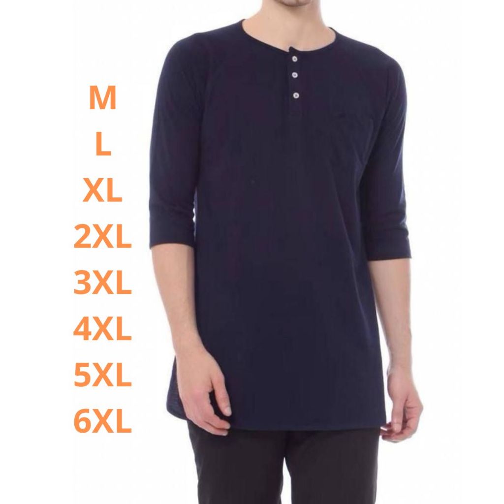 Koko Kaos Pria Lengan 3/4 Model Kurta | Baju Muslim Casual | Adem & Nyaman | Big Size M–7XL Terbaru