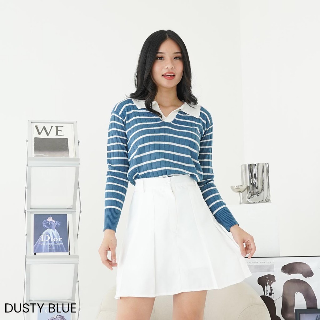 Sweater Rajut Knit Wanita Korean Style Motif Stripe Garis Kekinian Kerah Premium Wipi MF