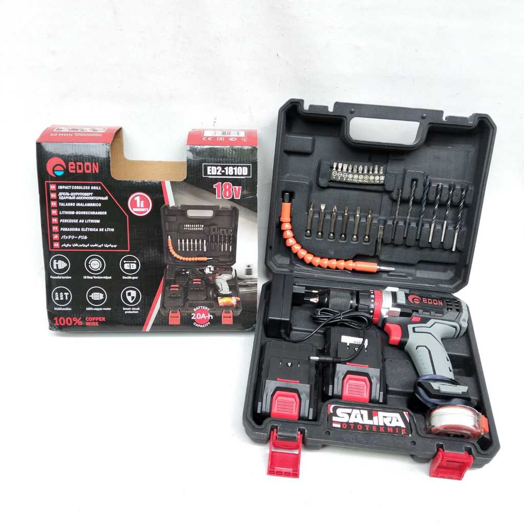 EDON ED2-1810D 18V Mesin Bor Cordless 2 Baterai Charger Cas Besi Kayu