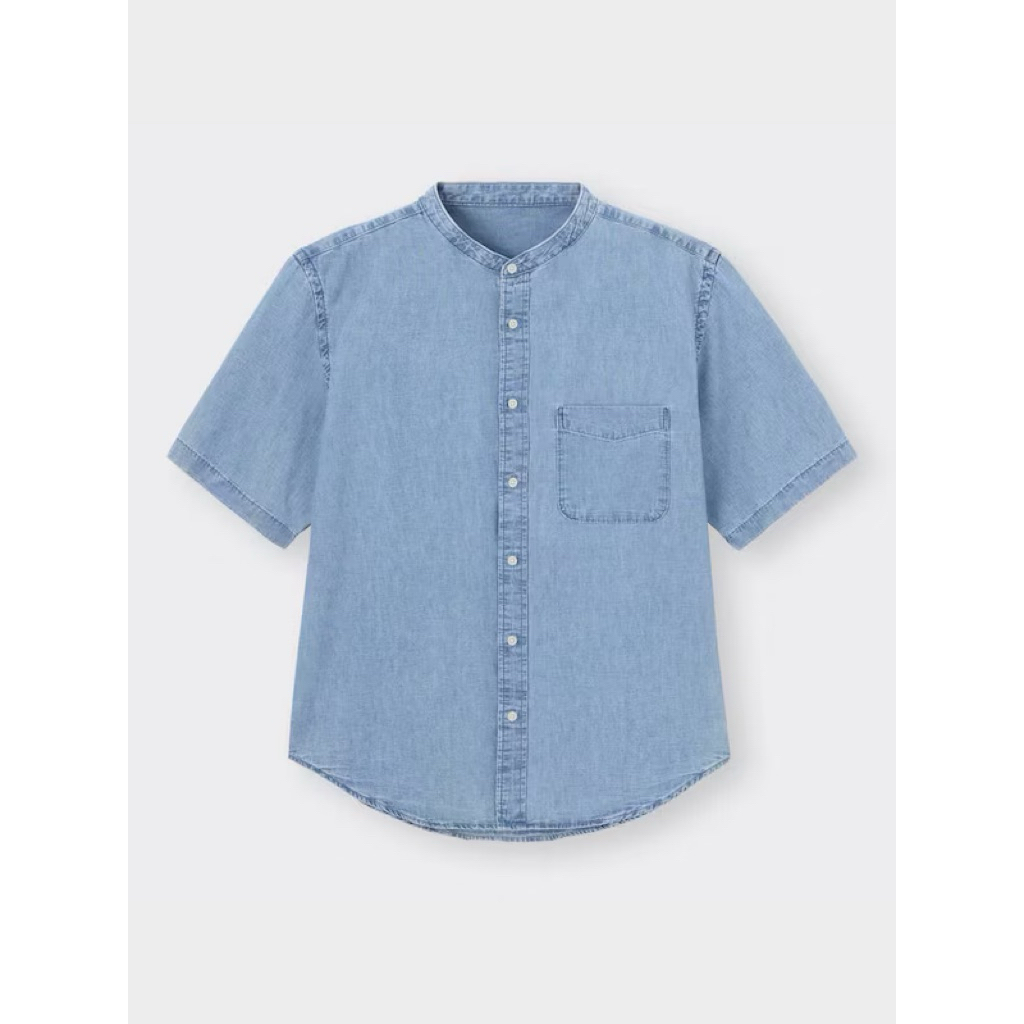 GU Denim Short Sleeve Shirt GU kemeja jeans lengan pendek kerah tegak mandarin collar high neck band