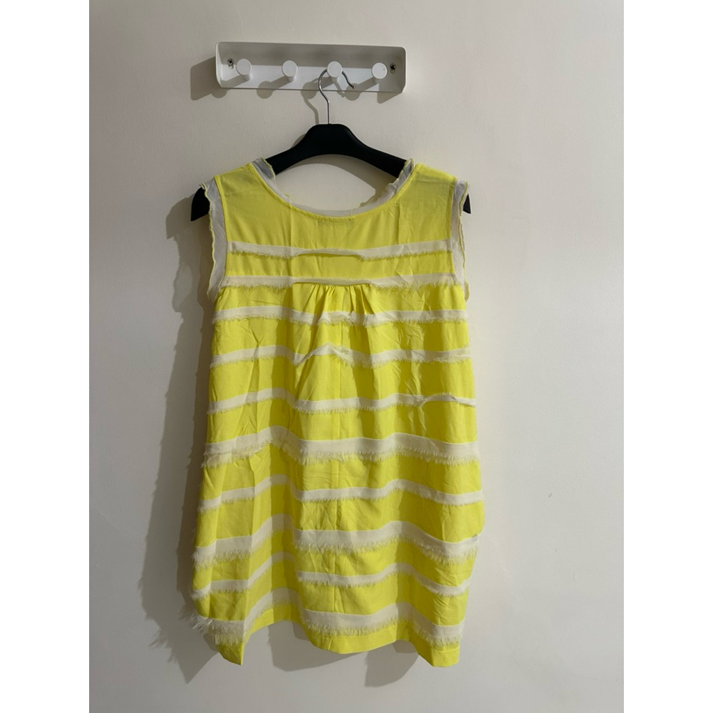 [Preloved Luxury] Alexander McQueen Authentic Yellow Stripe Sleeveless Dress with Raw Edge Fringe De