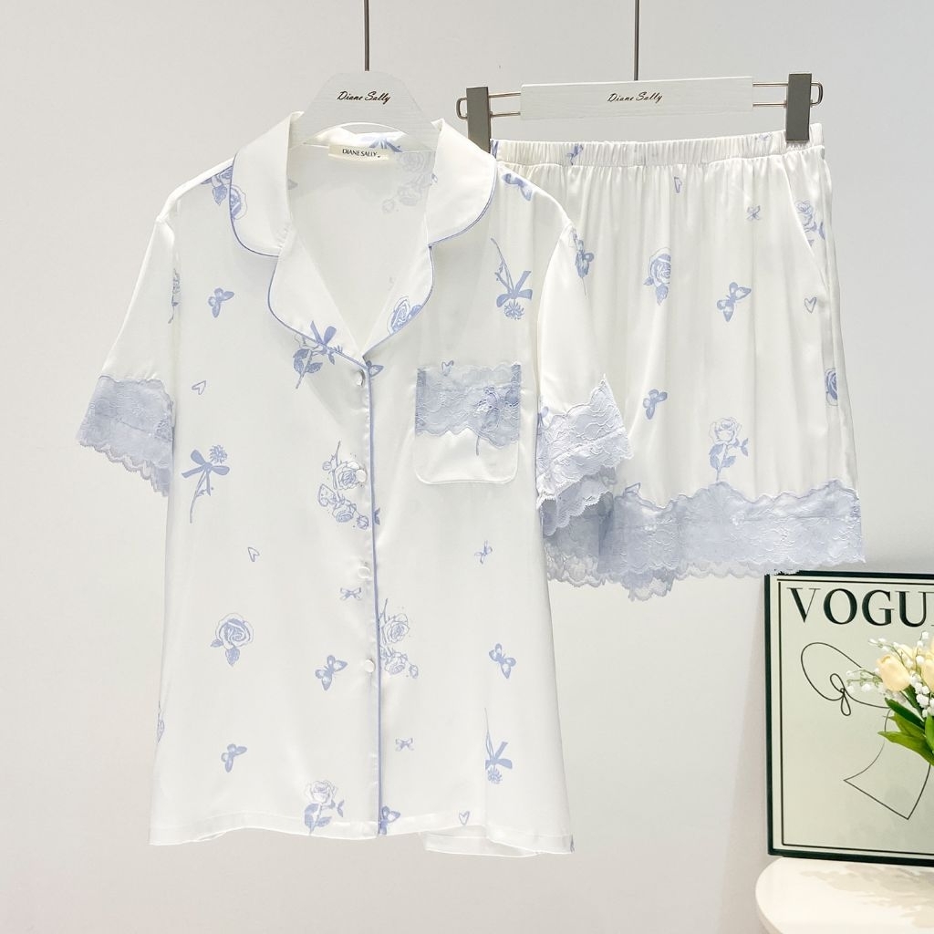 baju tidur piyama hotpants diane sally bunga putih renda biru satin import