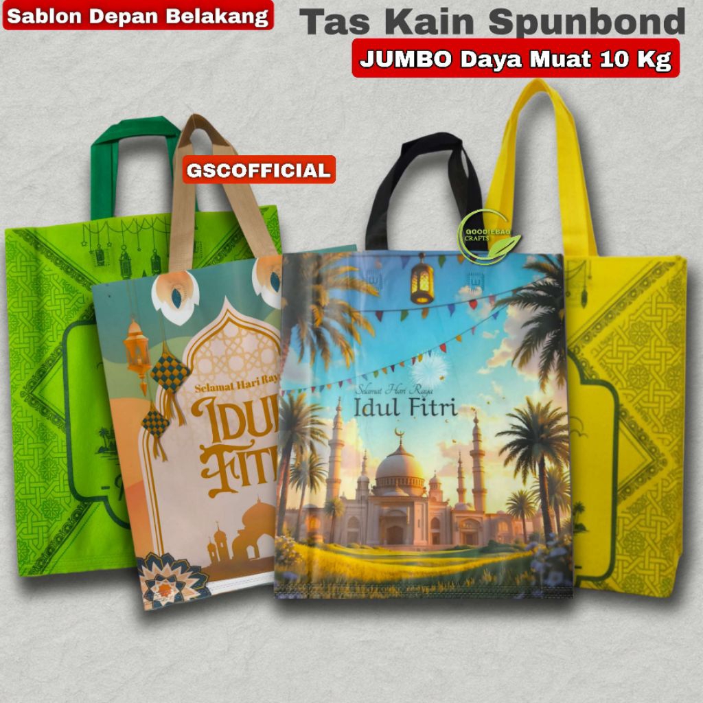 Tas kain Spunbond Motif Lebaran Idul Fitri Ukuran 38x45x10 cm Goodiebag Cocok Untuk Paket Sembako , 
