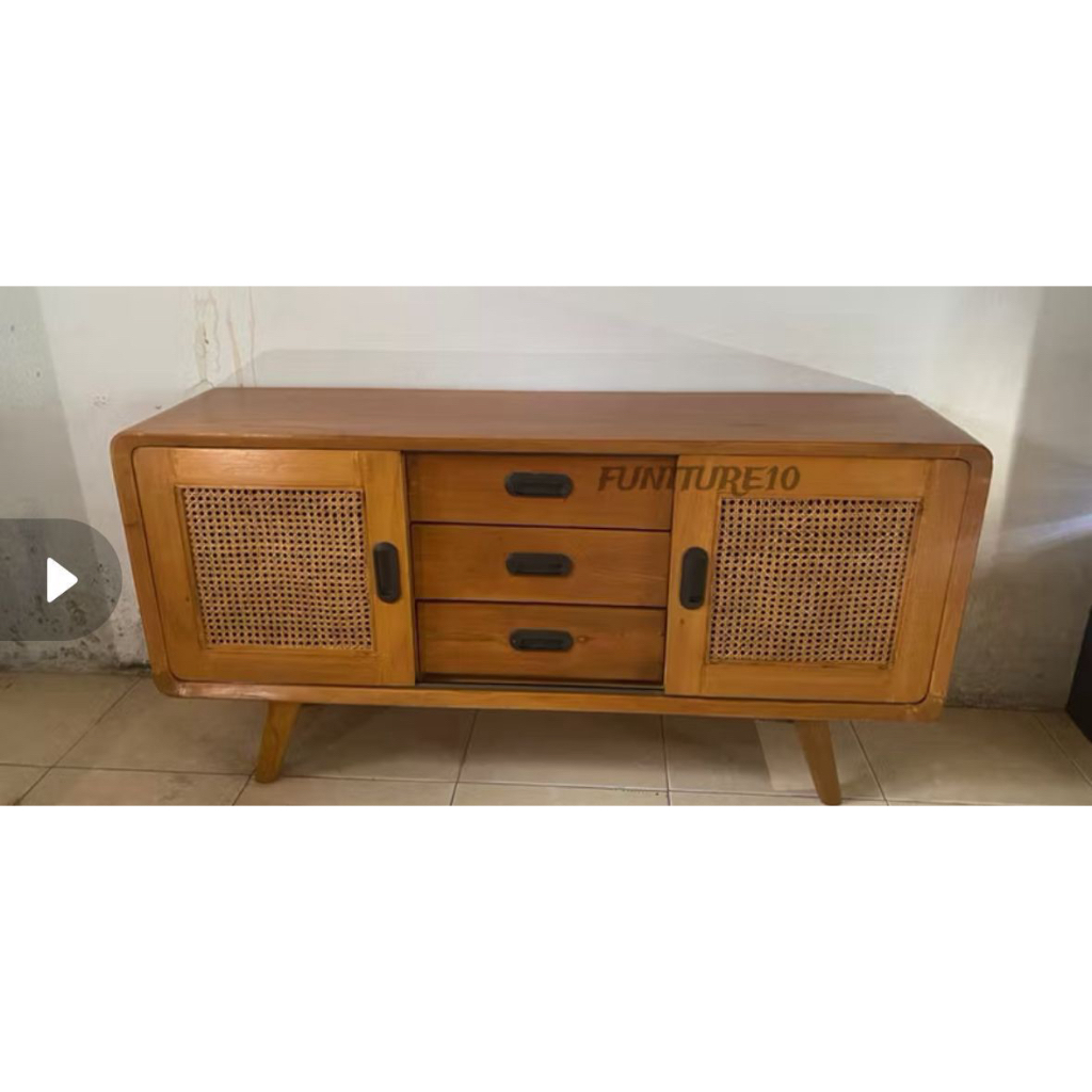 Bufet TV Kayu Jati Anyaman Rotan Minimalis Modern | Meja TV 120x35x50 cm