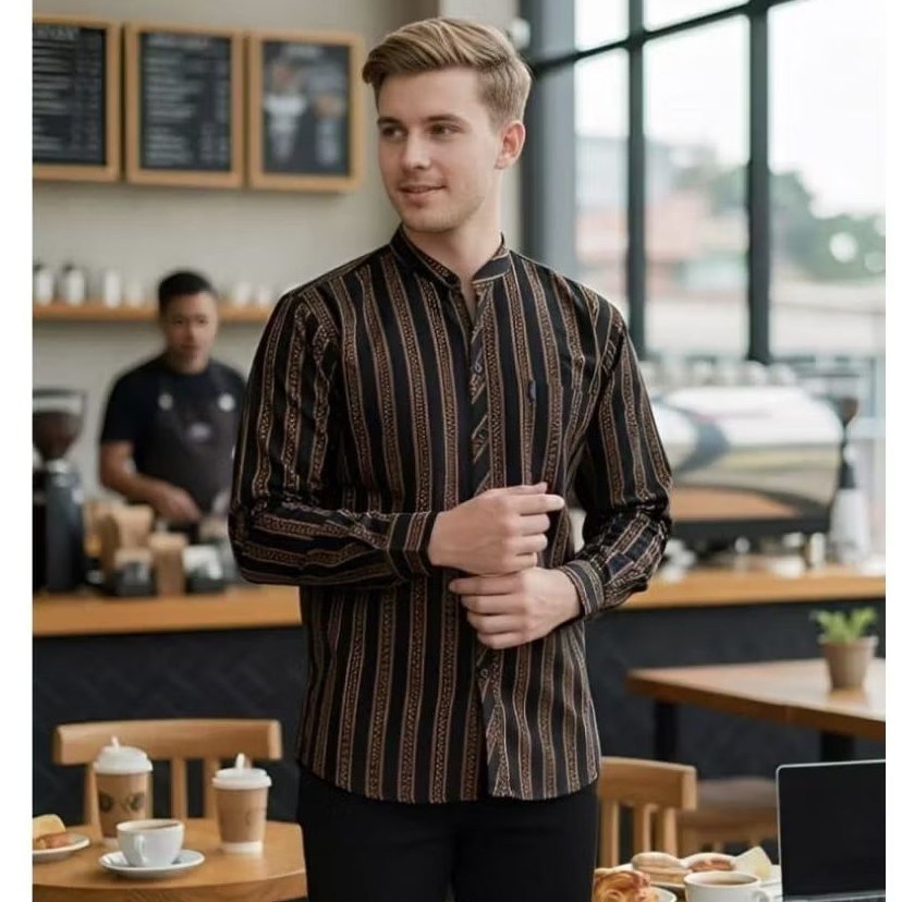Baju Koko Batik Kemko Pria Lurik Jawa Lengan Panjang Katun Premium