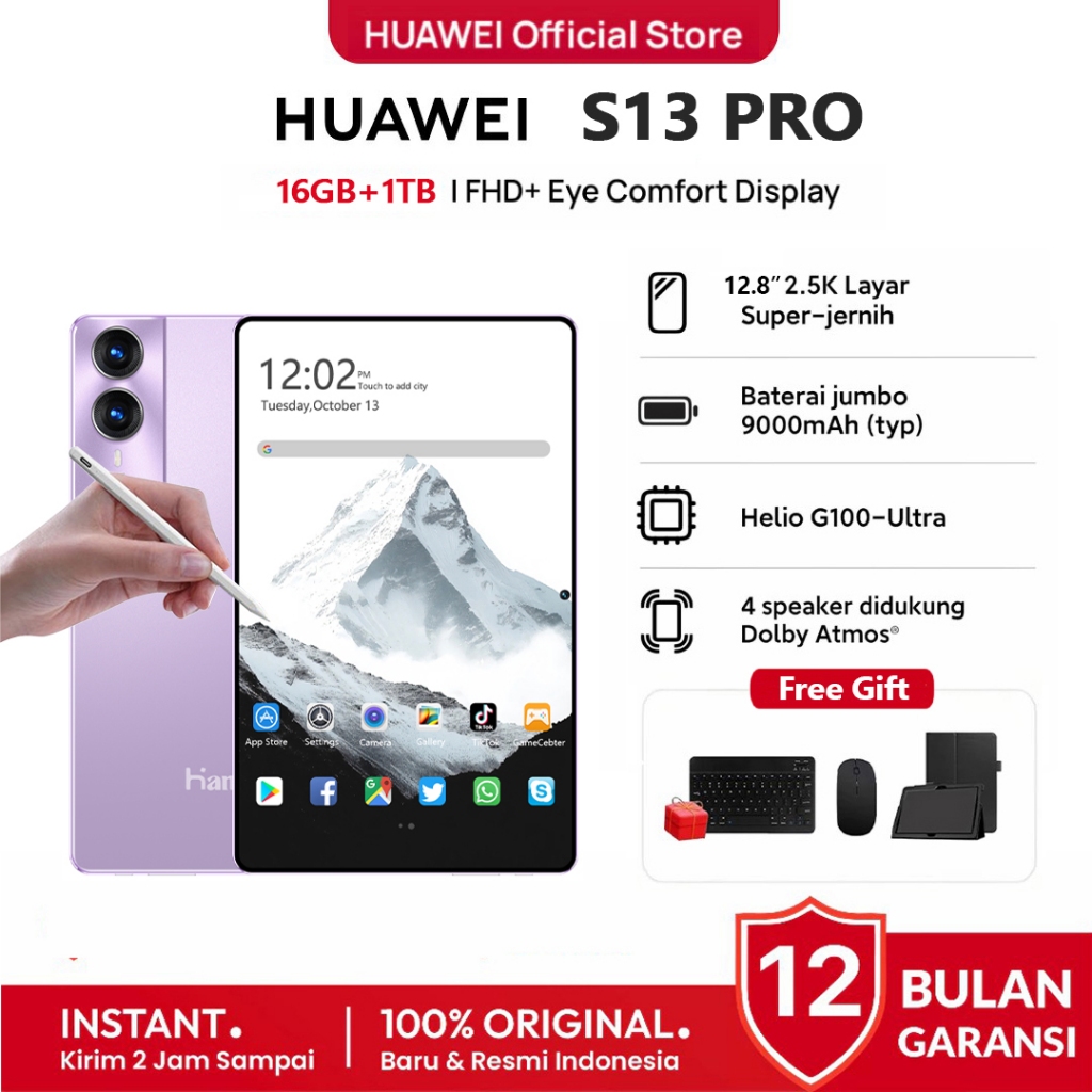 [Gratis Mouse Keyboard Case] HAU WEI Asli Baru S13 PRO PAD Tablet Android 12.8" IPS Screen 120Hz 5G/