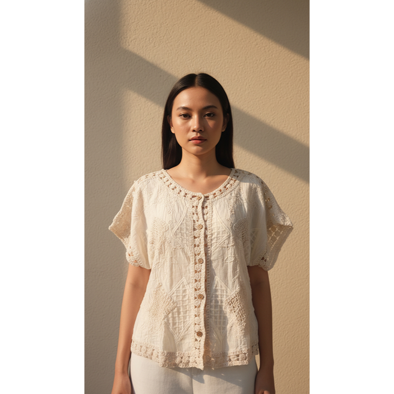 Jade.ly | Anyelir Vest Katun Bolong Bordir in Cream and White