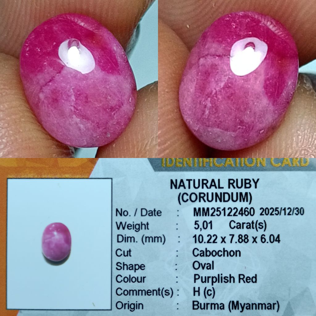 NATURAL RUBY CORUNDUM BURMA MYANMAR PURPLISH RED OVAL 5 CRT MEMO KGL LAB