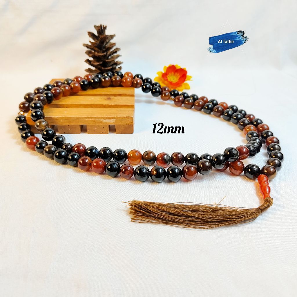 TASBIH 99 BUTIR BATU AKIK SULAIMAN MADU UKURAN 12MM