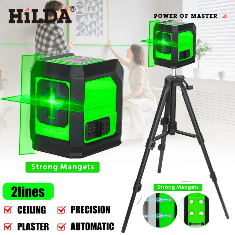 Laser Leveling 2 Line Garis Hijau + Tripod + 2 Baterai Self Leveling 360 Degree Ip54