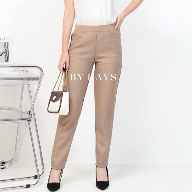 BYKAYS - Celana Kerja Wanita Kantor Coklat Susu Pinggang Karet dan Kancing
