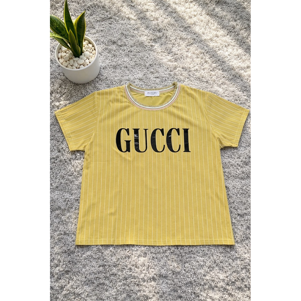 PRELOVED KAOS gucci motif Salur garis - garis warna Yellow Green Pangrum