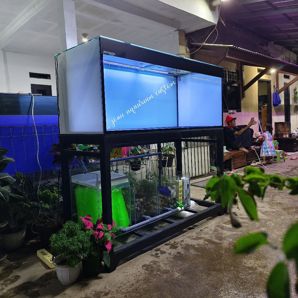 aquarium 150x70x60 12mm/10mm full stiker putih sistem sump filter miring box wet dry 2 layers dan ba
