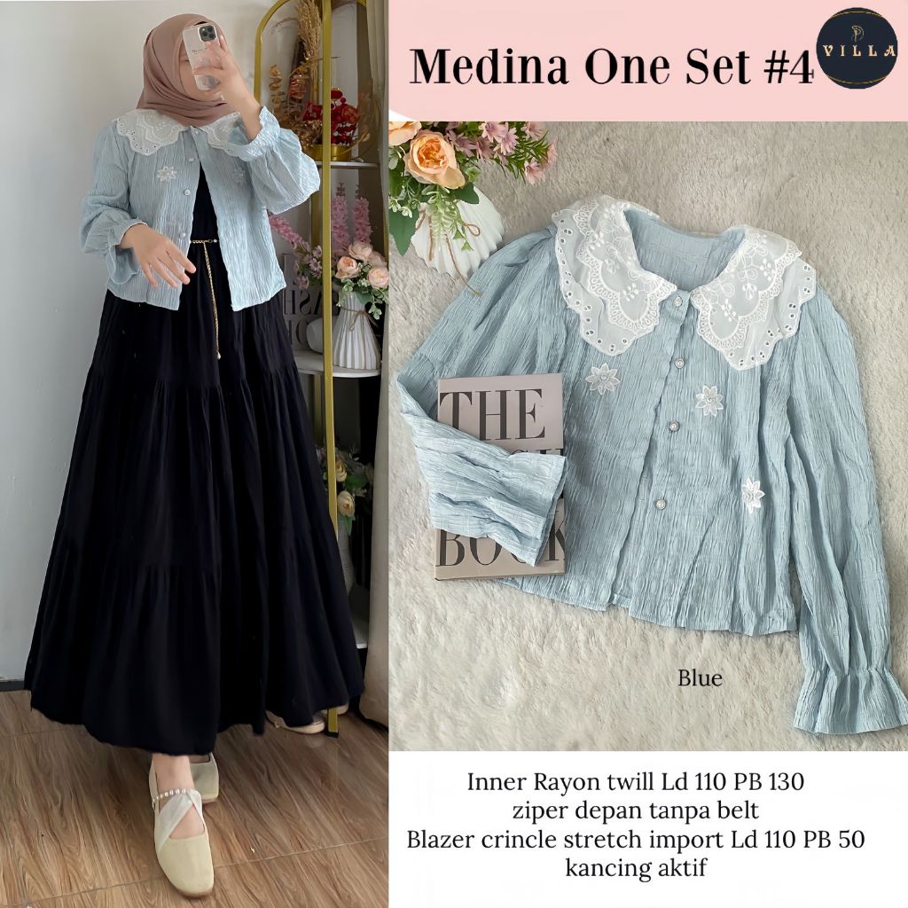 Medina One Set #4 Original VILLA Setelan Gamis Rok Panjang Rayon Twill LD 110 Mix Blazer Crinkle Str