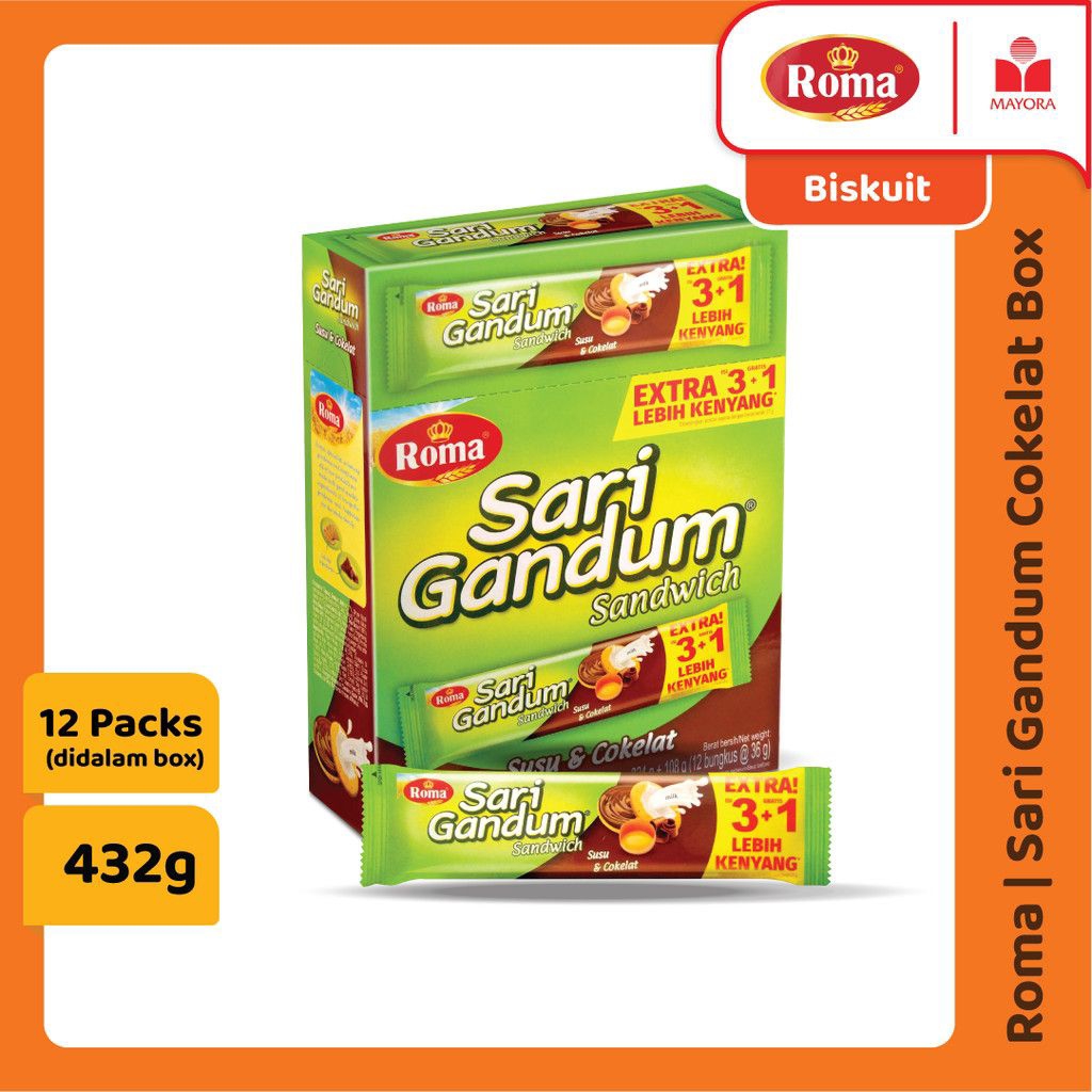 12 Pcs Biskuit Sandwich Roma Sari Gandum Rasa Susu Cokelat, Peanut Butter, Kacang