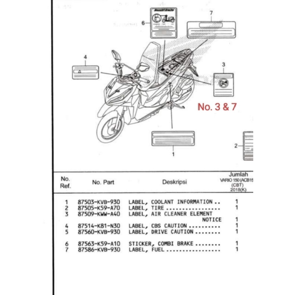 Label untuk di Cover fuel tank untuk motor New Vario 150FI number part 87509KWWA40 & 87586KVB930