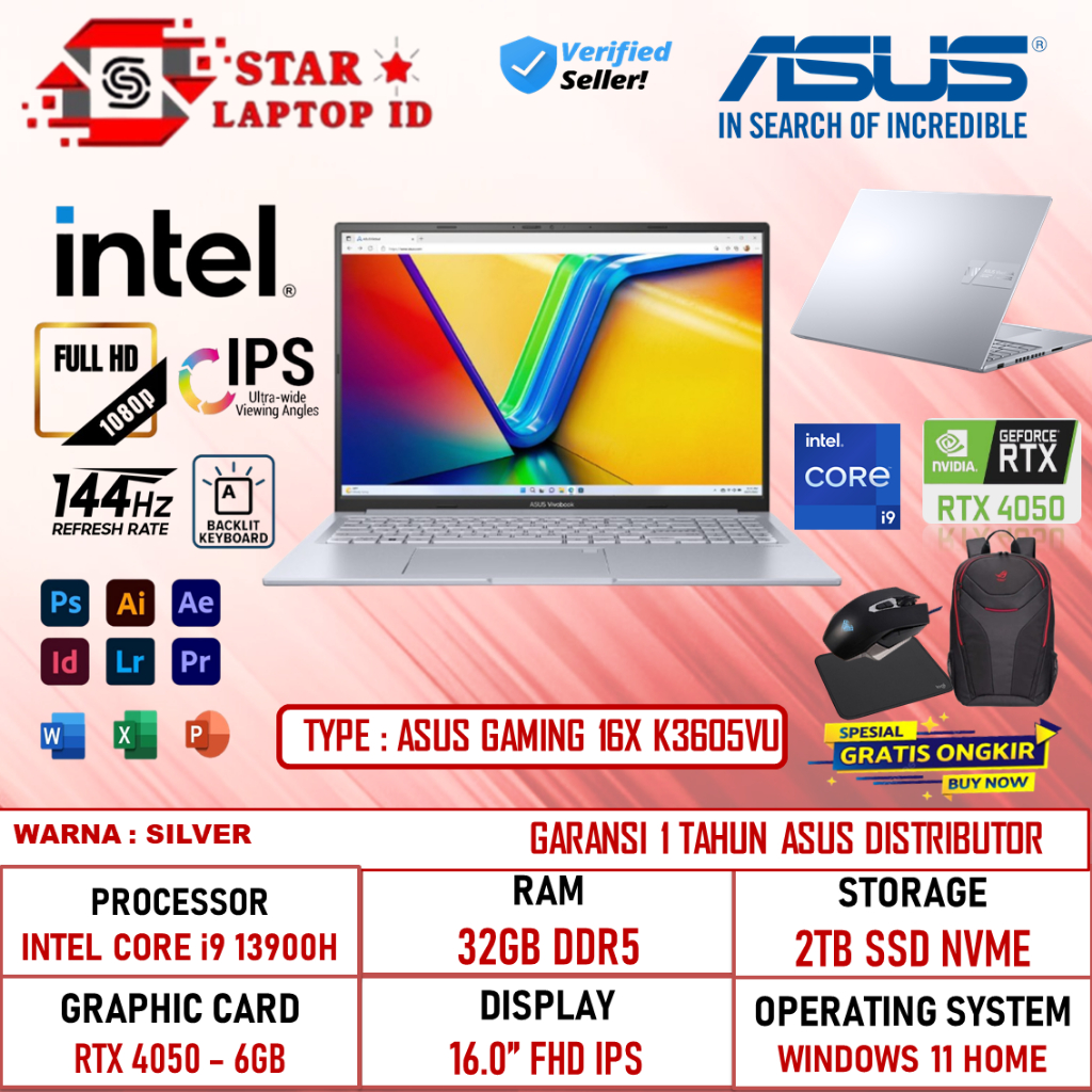 Laptop Asus Gaming 16X K3605VU Intel Core i9 13900H 16GB 2TB RTX4050-6GB WUXGA IPS WIN11 HOME