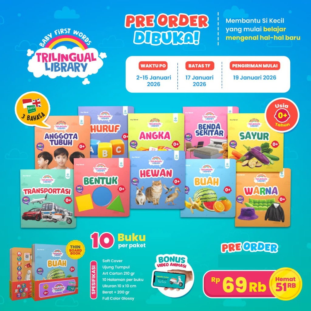 Paket 10 Buku Anak Cerdas Baby First Words Trilingual Library 3 Bahasa FULL COLOR Edukatif Balita Original - PQS