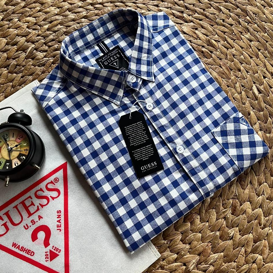 Guess Original // Kemeja Pria Lengan Pendek | Kemeja Kotak-Kotak Pria | Kemeja Kerja Kantor