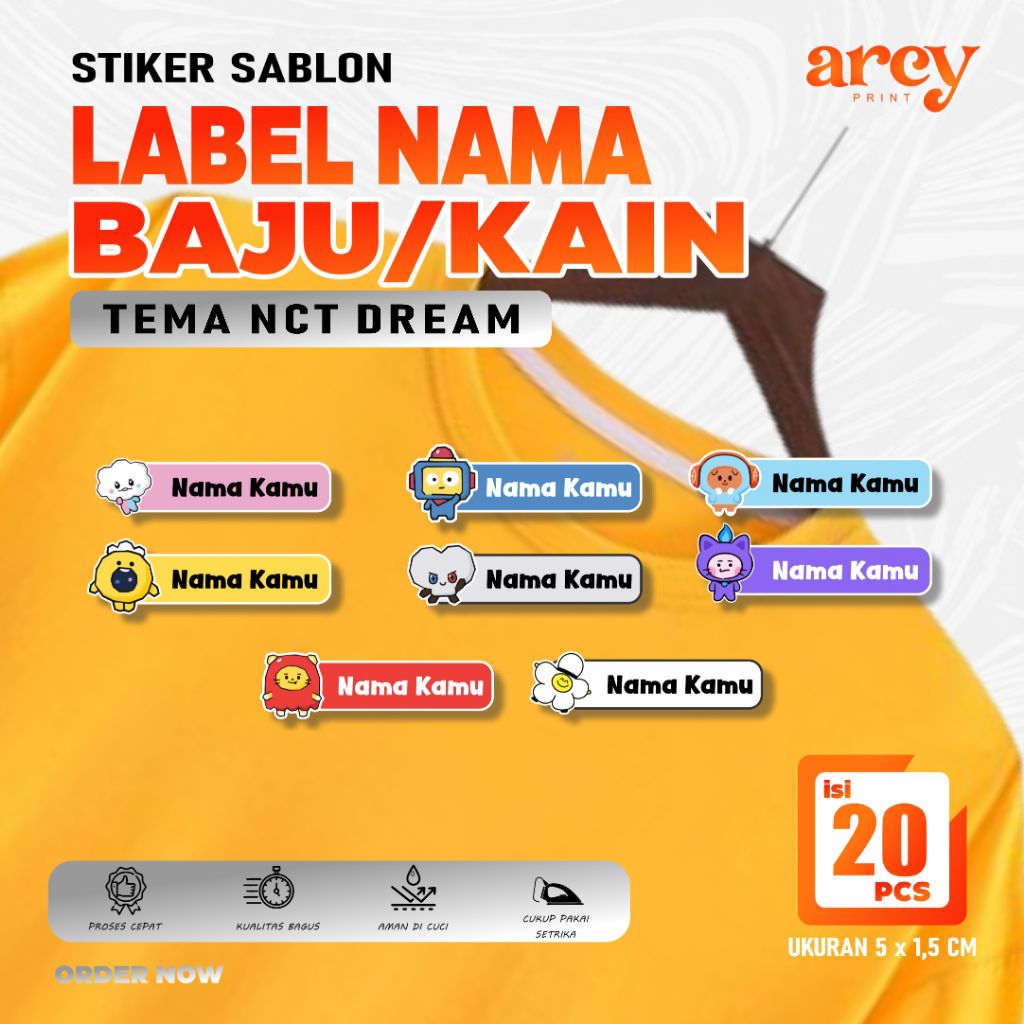 ( 20 pcs ) Custom Cetak Stiker kain sablon nama kaos label nama DTF cukup pakai setrika Tema NCT DRE
