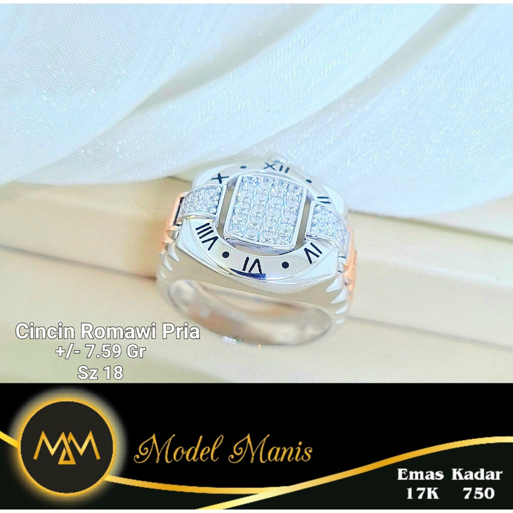 Model Manis Gold - Cincin Pria Jam Romawi Putih - Emas 17k 750