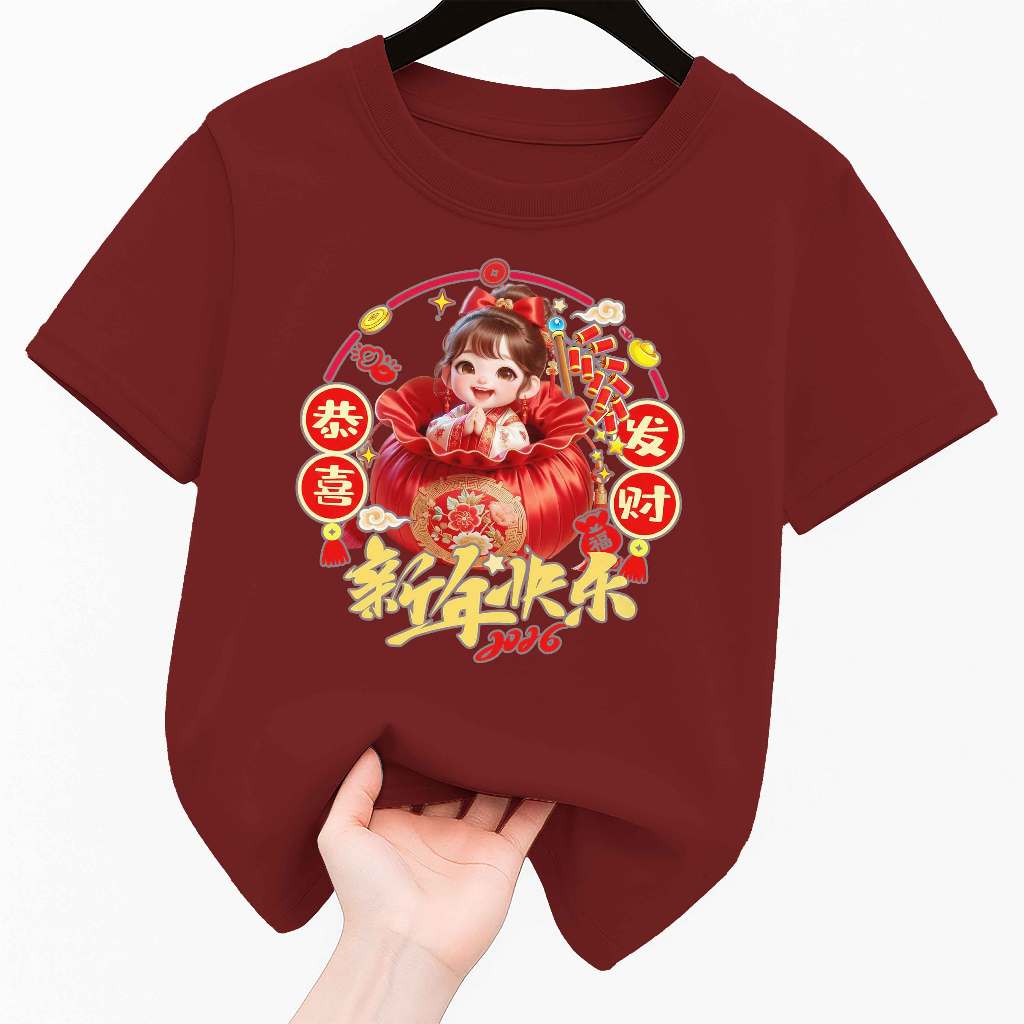Kaos Imlek Anak Perempuan Baju Kaos Lengan Pendek Edisi Imlek Bahan Katun Usia 1-12 Tahun
