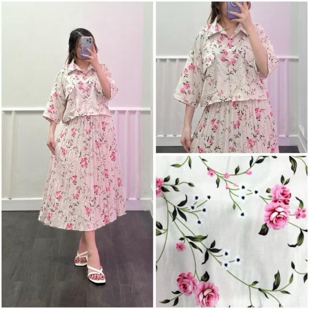 One Set Wanita Nature Autumn Bunga Korean Vintage Kemeja Crop & Rok Midi Plisket