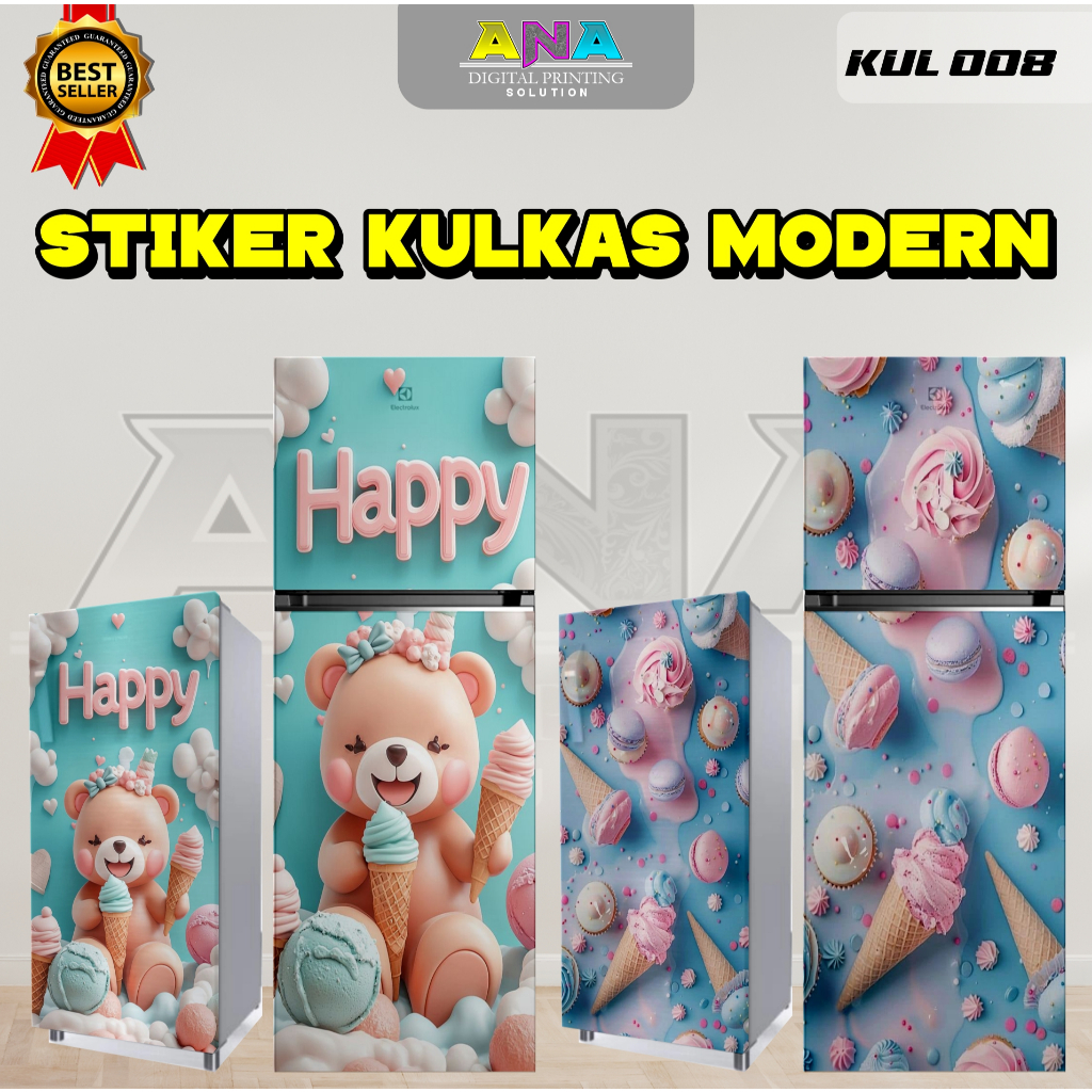 STIKER KULKAS MOTIF LUCU ELEGAN/ STIKER KULKAS 1 PINTU DAN 2 PINTU / STIKER KULKAS TAHAN  LAMA - KUL