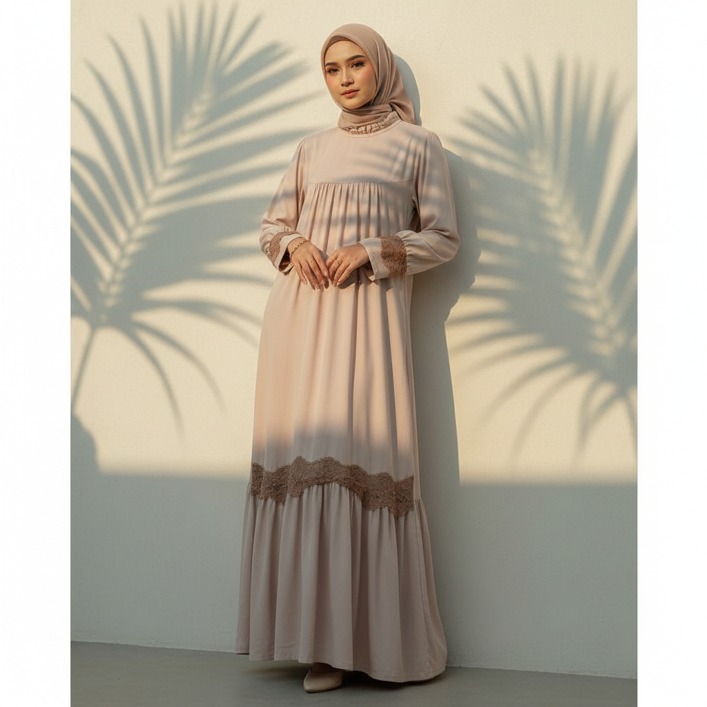 Gamis Korean Jersey Warna Nude & Peach | Gamis Jersey Renda Muslim Casual LD 104