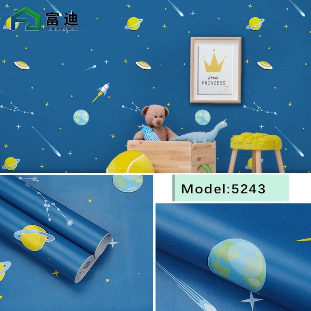 Wallpaper Dinding Sticker Wallpaper Kamar Tidur Motif Planet biru