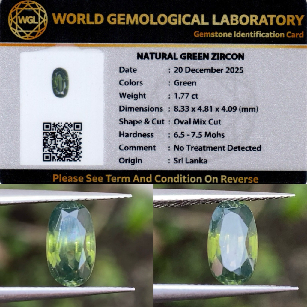 1,77 cts Natural Green Zircon origin Sri Lanka No Treatment Memo WGL