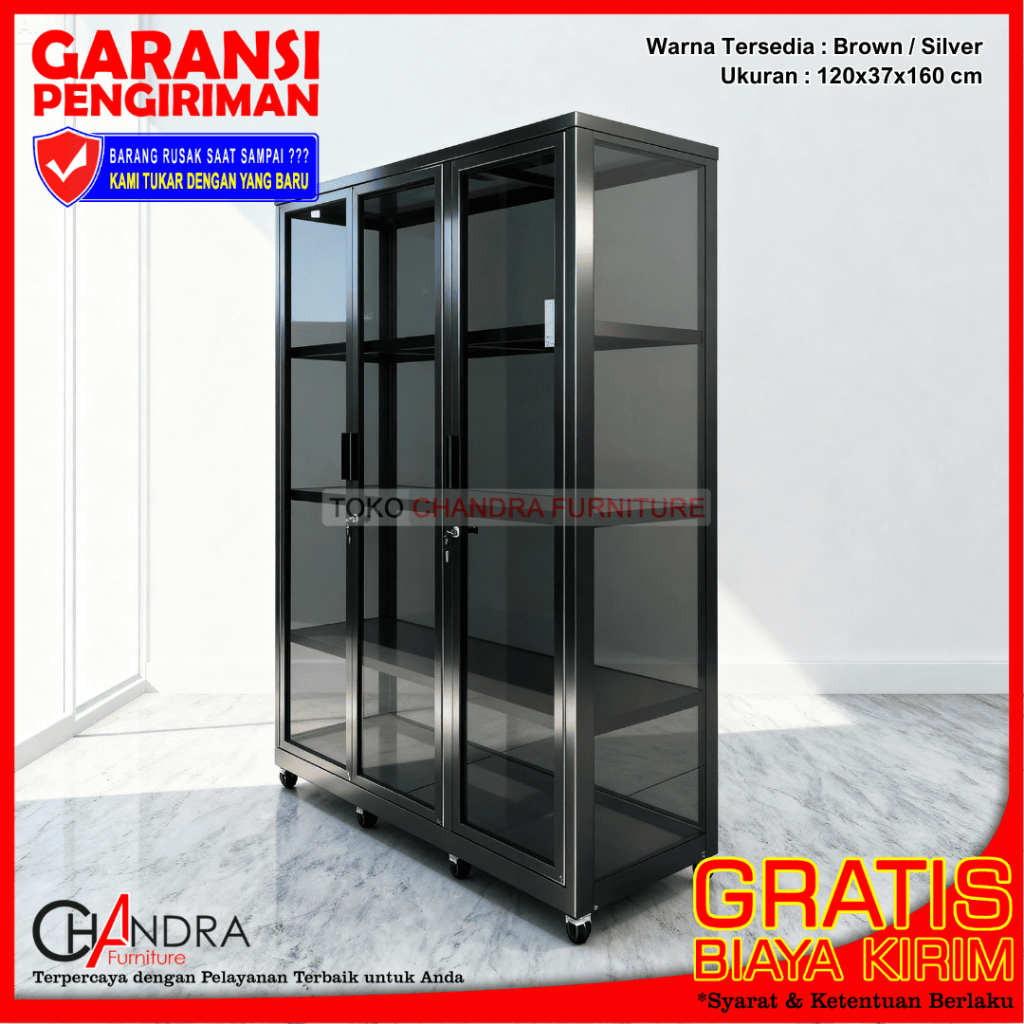 Lemari Rak Helm / Rak Tas / Lemari Serbaguna Kaca Riben 3 Pintu Aluminium Full Brown CUSTOM | LRSG