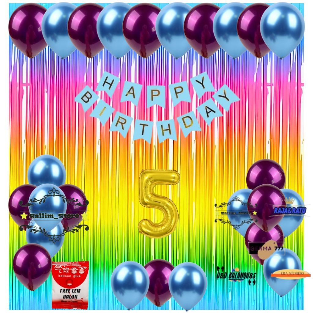 Paket Dekorasi Ulang Tahun Anak Dewasa Balon Ungu Mix Biru Muda Tirai Ukuran 2x1M Party Ultah