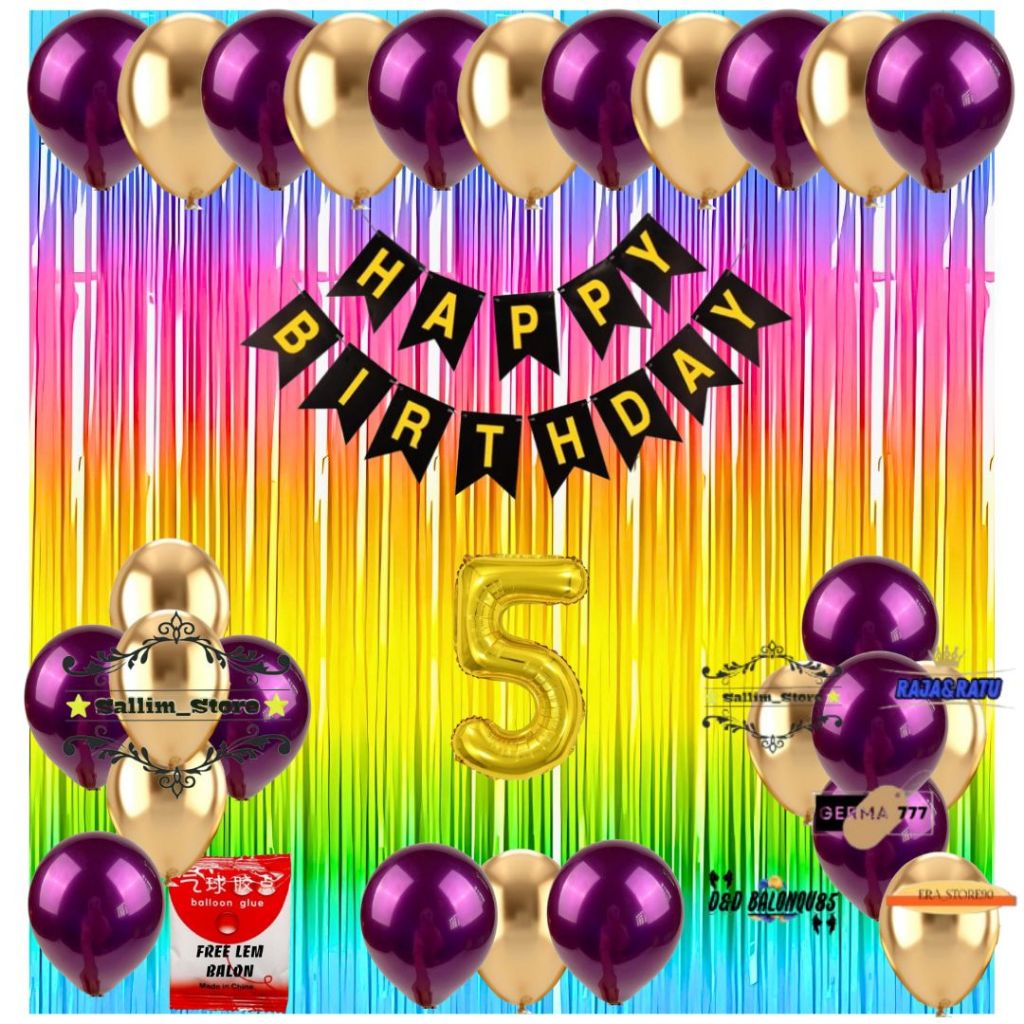 Paket Dekorasi Ulang Tahun Anak Dewasa Balon Ungu Mix Gold Tirai Ukuran 2x1M Party Ultah Simple