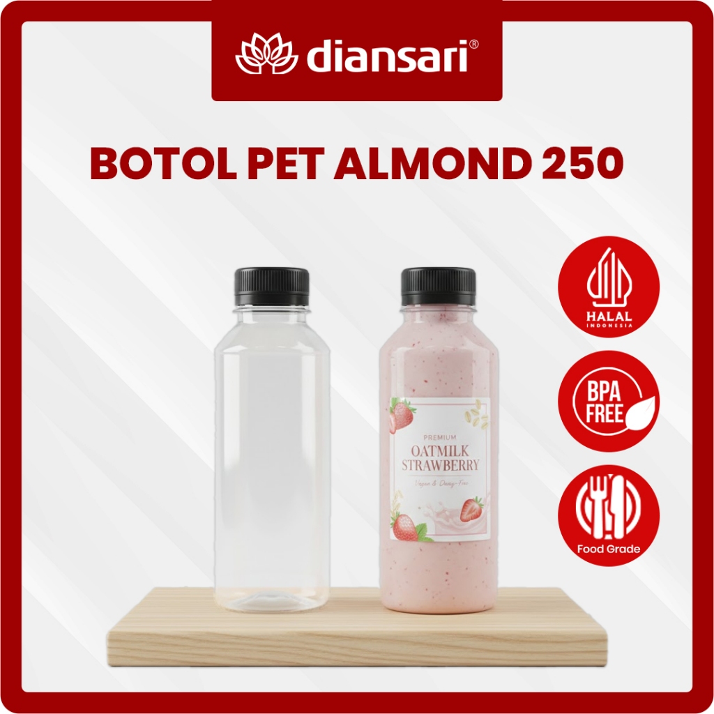 Botol PET Almond 250 ml LN Tebal dan Tutup | Botol Plastik Minuman Jamu Kopi Susu – DIANSARI