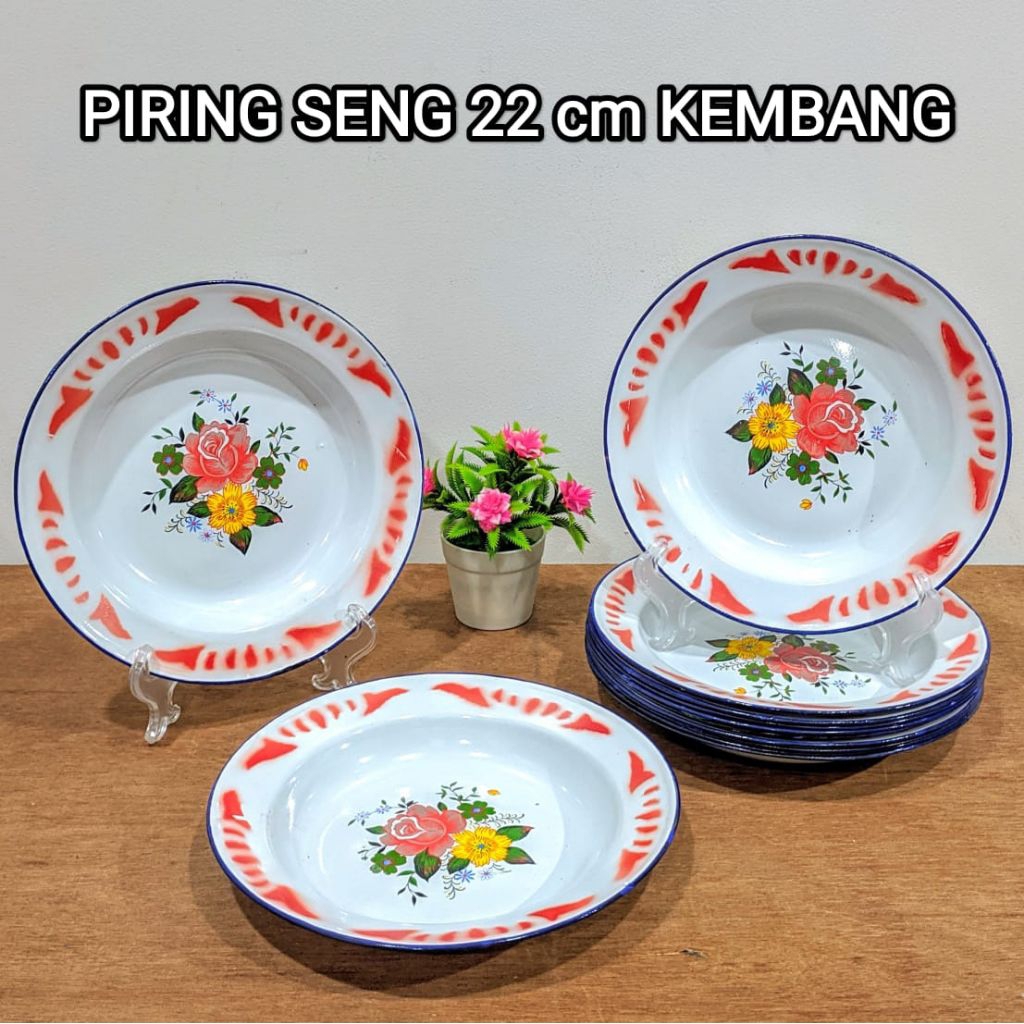Piring Makan Seng Jadul Motif 22 CM - Piring Enamel Decor Bunga Isi 12 pcs  - Piring Makan Jadul Mot