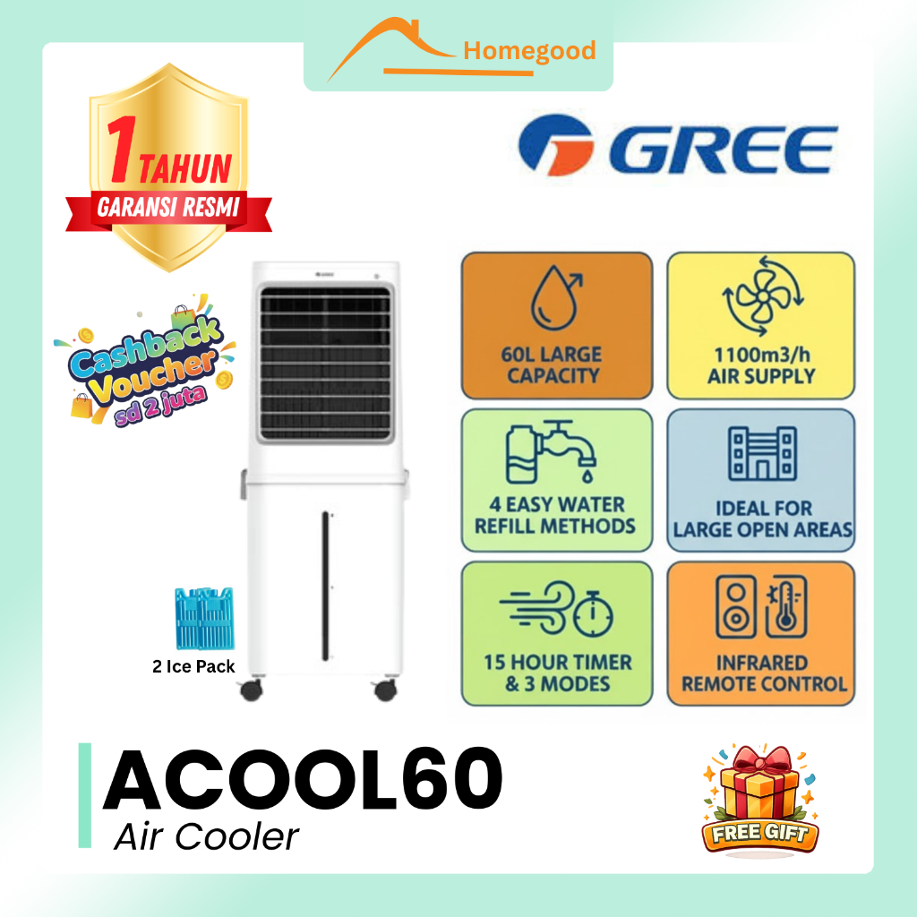 GREE ACOOL60 Air Cooler • 60 L Humidifier Honeycomb + Pra‑Filter • Remote Touchscreen Hemat Listrik