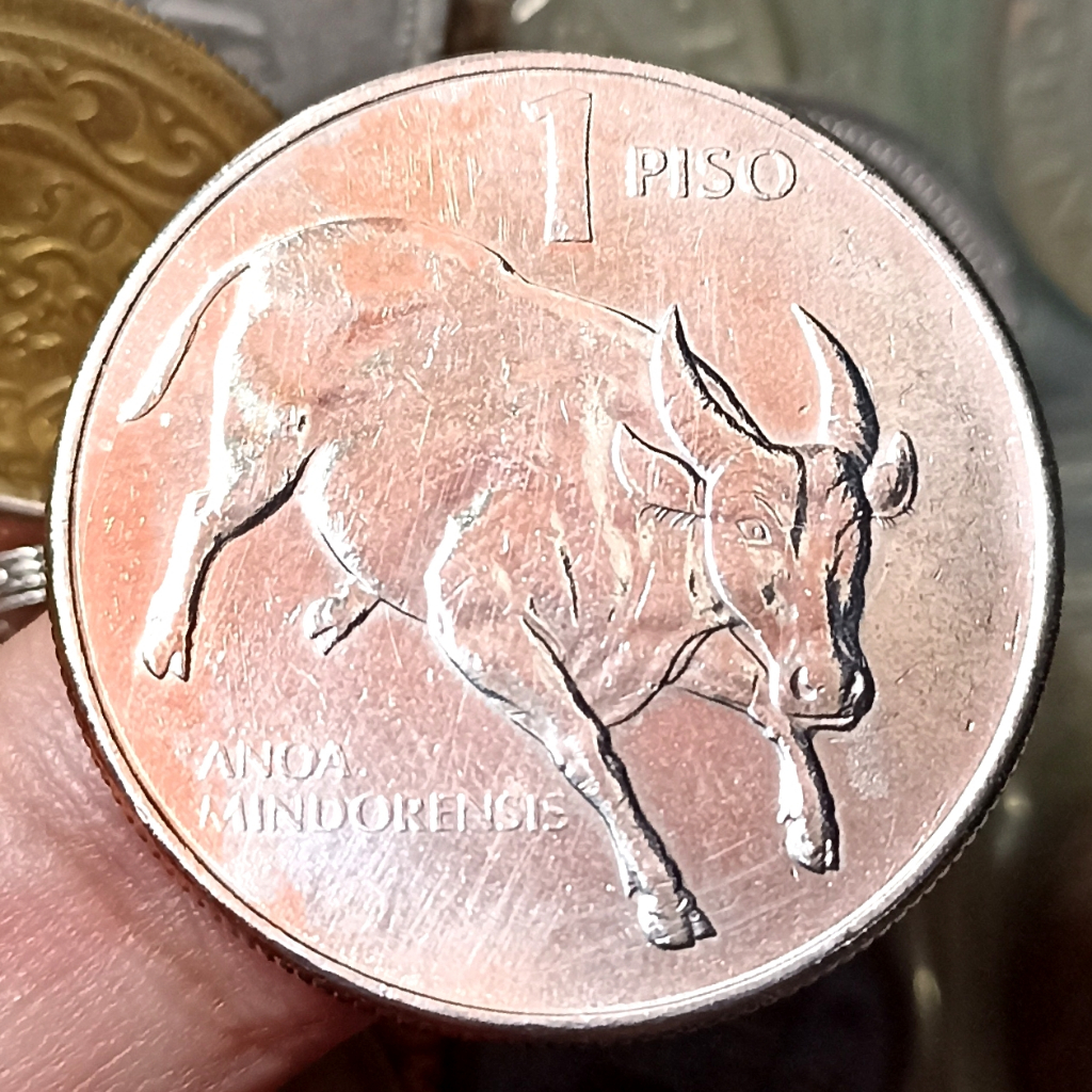 Koin Kuno Asing Philipina / Philippines 1 Piso Tamaraw (Bubalus mindorensis) running right