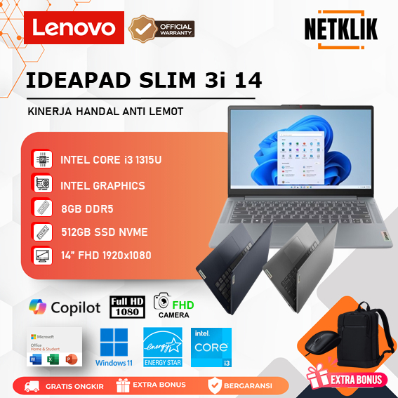 Lenovo Ideapad Slim 3i Core i3 1315U 8GB 512GB SSD Windows 11 FHD 14 Inch Baru