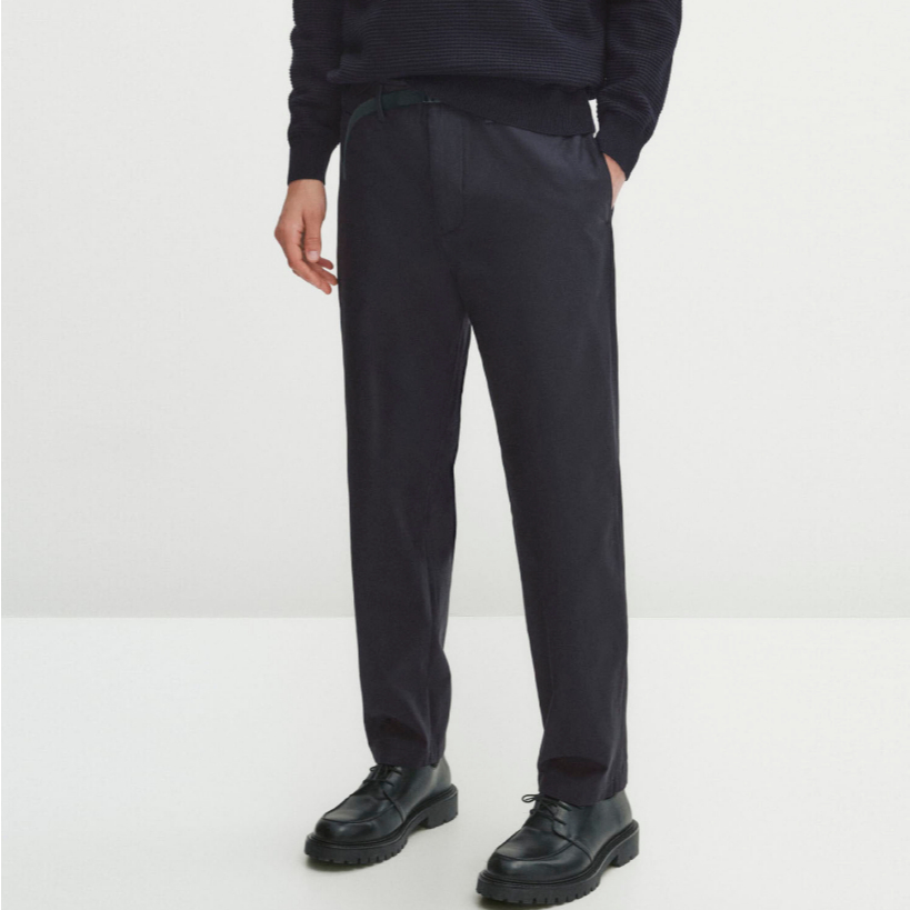 Massimo Dutti Men's Relaxed Fit Pure Cotton Trousers with Belt in Navy Blue - Celana Kerja Casual Of